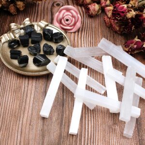 vuUUuv Natural Bulk Selenite Sticks & Black Tourmaline - Healing Crystals，Reiki， Cleansing Energy，Radiation Protection，Protection Grids (24 pcs)