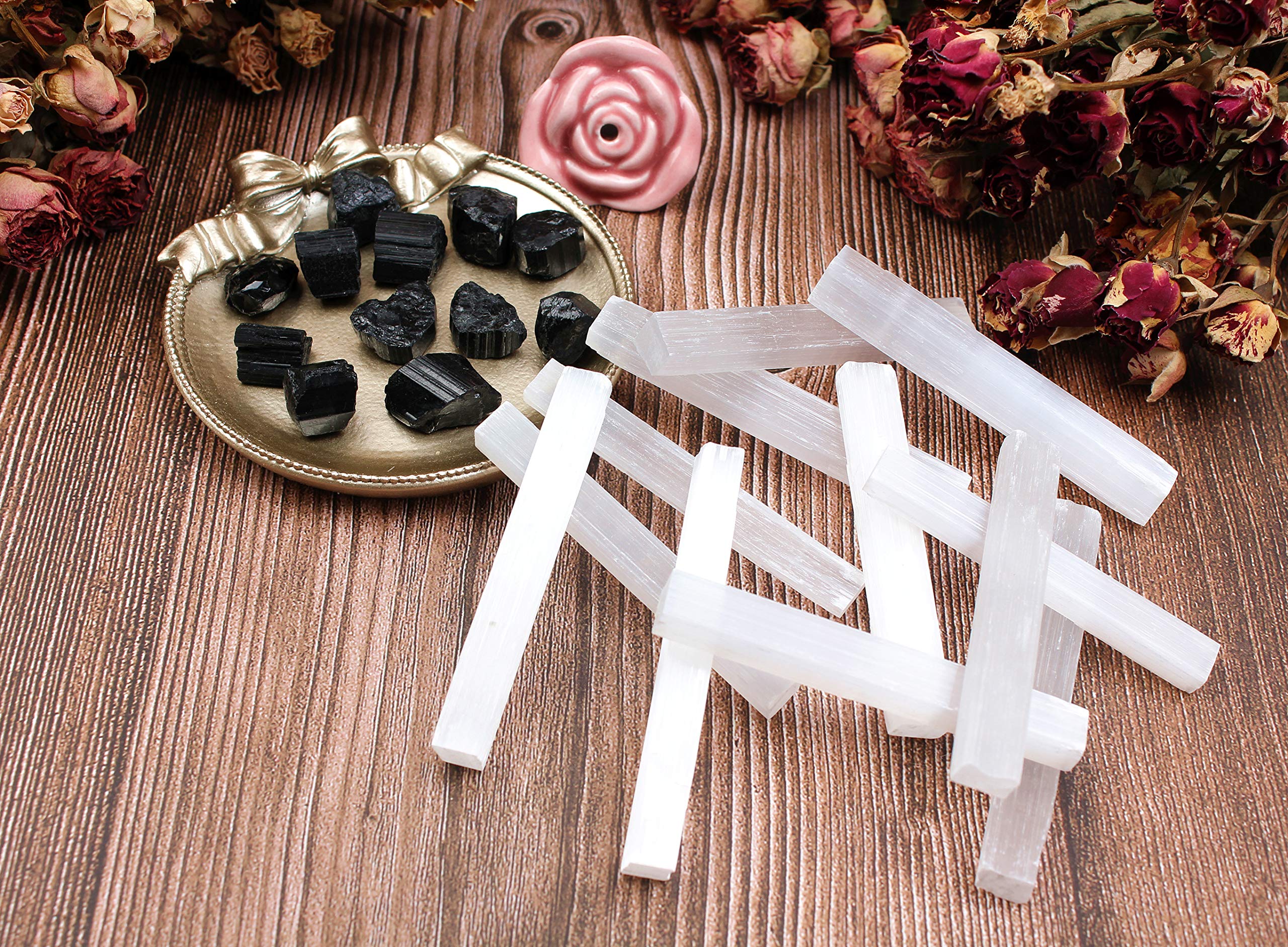 vuUUuv Natural Bulk Selenite Sticks & Black Tourmaline - Healing Crystals，Reiki， Cleansing Energy，Radiation Protection，Protection Grids (24 pcs)