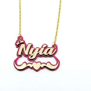 Name Necklace Plate Personalized Custom Nameplate and 1.5" Bamboo Gold Earrings With Swirls Heart and Crown on Top Jewelry Set Color Choice Laser Cut Gold Script Cursive Letters, Quality Gold Chain