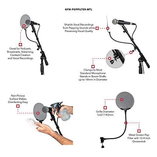 Gator Frameworks Metal Screen Pop Filter with 12.4-Inch Gooseneck (GFW-POPFILTER-MTL)