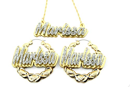 Name Necklace Plate Personalized Custom Nameplate and 2.5" XOXO Gold Earrings Made To Order Any Name Jewelry Set Laser Cut Diamond Look Glitter Script Cursive Letters, Quality Gold Chain, Stunning