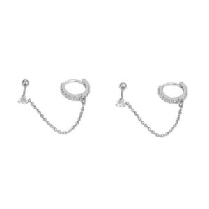 8mm CZ Small Hoop Earrings Dainty Clear Crystal Cartilage Stainless Steel 20g Screw Back Threader Chain Drop Dangle Stud Delicate Double Holes Cuff Wrap Crawler Climbers Hypoallergenic Studs (Silver)