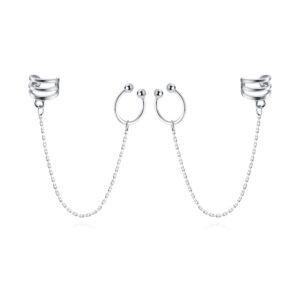 Reffeer Solid 925 Sterling Silver Cuff Chain Earrings Wraps for Women Wrap Earrings Non Piercing Ear Cuffs (A-Silver)