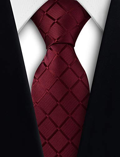 GUSLESON 3.15"（8cm） Men's Burgundy Plaid Tie Fashion Necktie Clip and Pocket Square Cufflinks Sets (6102-30)