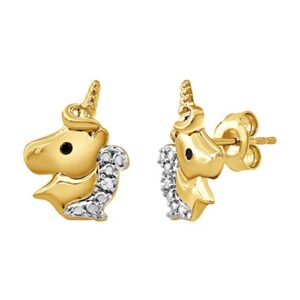 Beyond Brilliance Prong Set Black & White Natural Diamond Unicorn Push Back Stud Earrings in Yellow Gold-plated Sterling Silver Fashion Jewelry for Toddler Gift Box Included