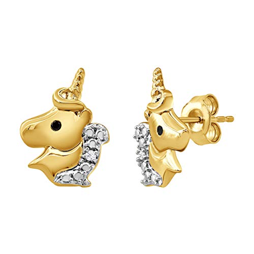 Beyond Brilliance Prong Set Black & White Natural Diamond Unicorn Push Back Stud Earrings in Yellow Gold-plated Sterling Silver Fashion Jewelry for Toddler Gift Box Included