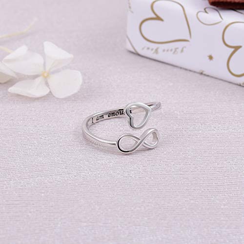 Jinlou 925 Sterling Silver Infinity Ring Inspirational Personalized Adjustable Rings Birthday Graduation Gift for Women Teen（I Am Enough）