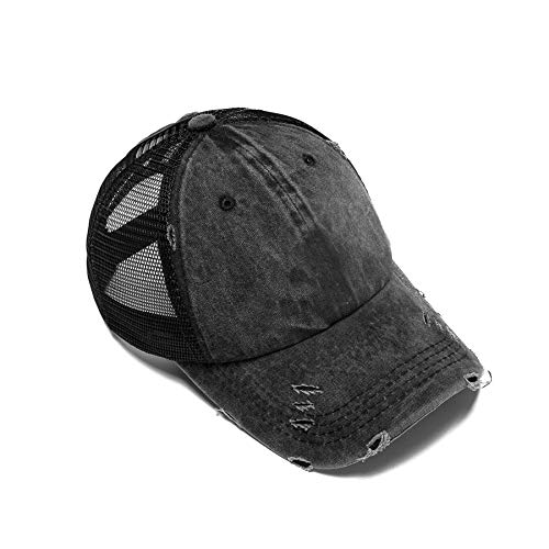 Eohak Distressed Ponytail Hats Baseball for Women Messy-Bun Pony Caps (Black+Grey)