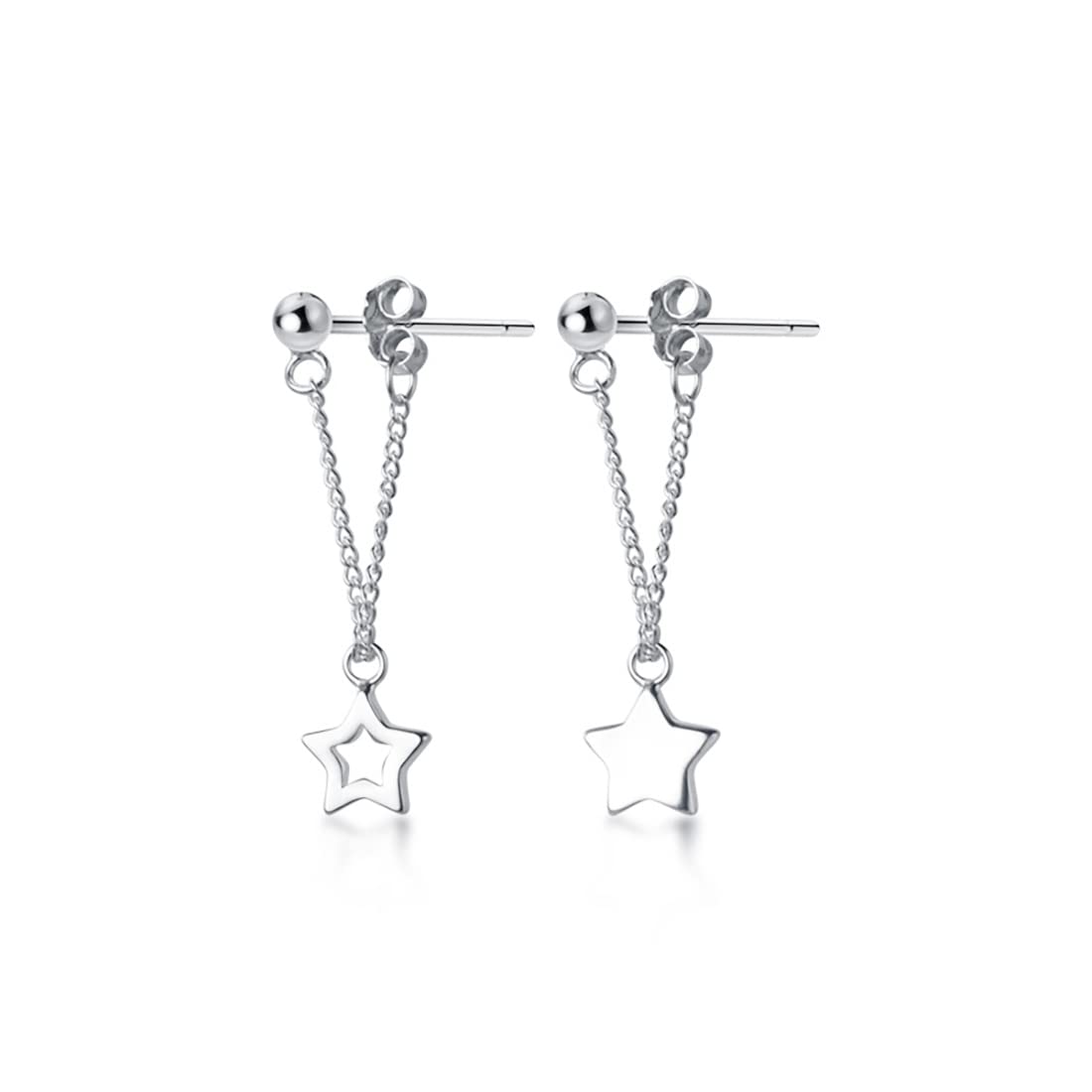 Reffeer Solid 925 Sterling Silver Star Chain Drop Earrings Dangle for Women Small Star Drop Earrings Studs (A-Silver)