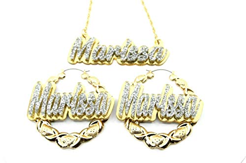 Name Necklace Plate Personalized Custom Nameplate and 2.5" XOXO Gold Earrings Made To Order Any Name Jewelry Set Laser Cut Diamond Look Glitter Script Cursive Letters, Quality Gold Chain, Stunning