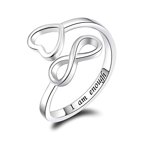 Jinlou 925 Sterling Silver Infinity Ring Inspirational Personalized Adjustable Rings Birthday Graduation Gift for Women Teen（I Am Enough）