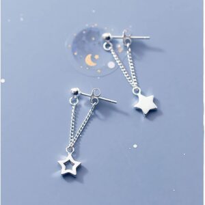 Reffeer Solid 925 Sterling Silver Star Chain Drop Earrings Dangle for Women Small Star Drop Earrings Studs (A-Silver)