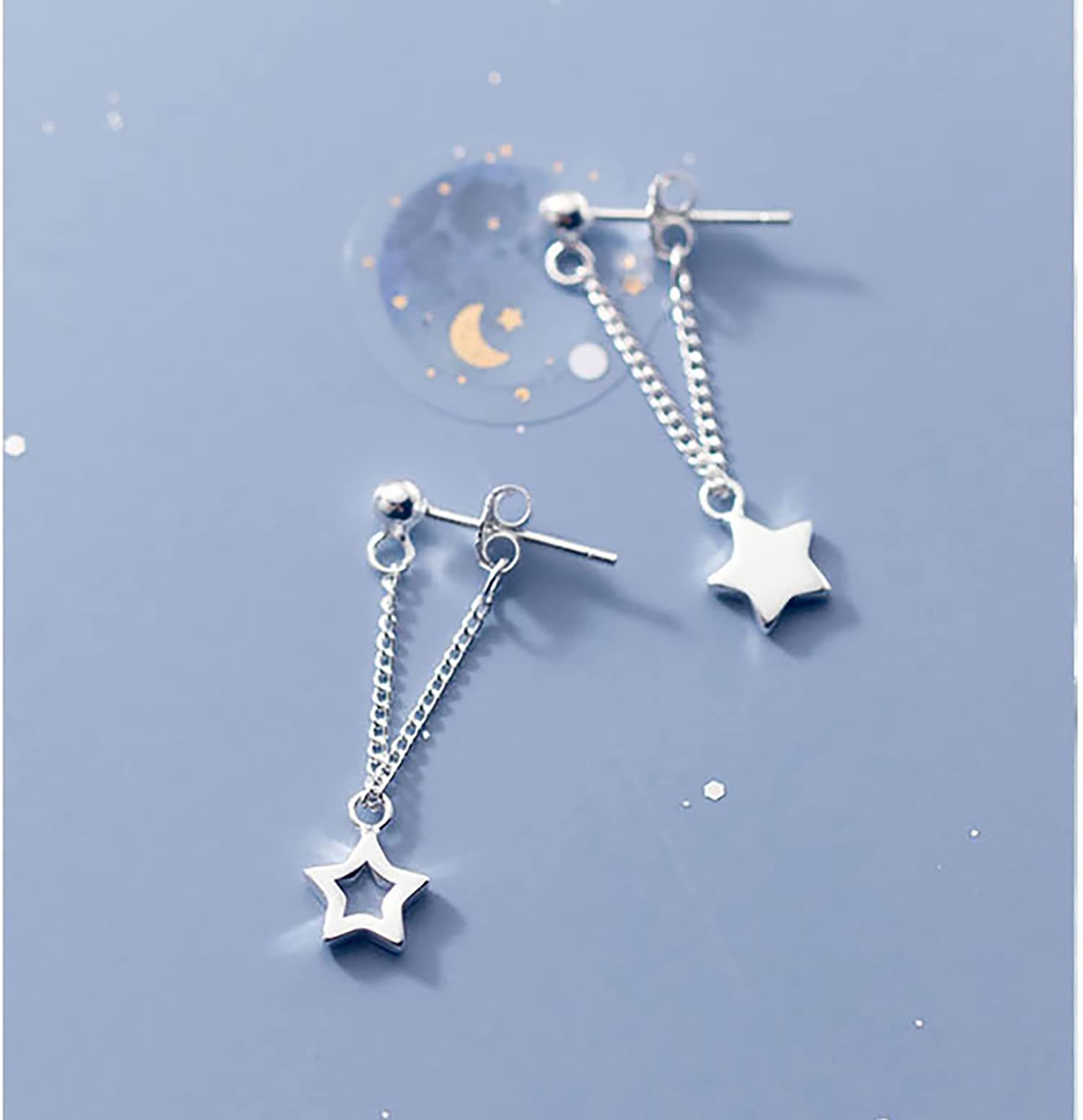 Reffeer Solid 925 Sterling Silver Star Chain Drop Earrings Dangle for Women Small Star Drop Earrings Studs (A-Silver)