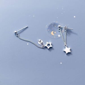 Reffeer Solid 925 Sterling Silver Star Chain Drop Earrings Dangle for Women Small Star Drop Earrings Studs (A-Silver)