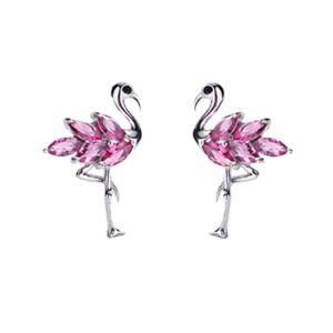 dainty flamingo love heart bird stud earrings for women girls silver plated cubic zirconia small studs valentine for lover for friend (pink)