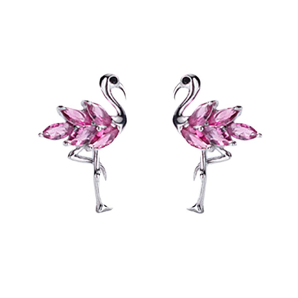 Dainty Flamingo Love Heart Bird Stud Earrings for Women Girls Silver Plated Cubic Zirconia Small Studs Valentine for Lover for Friend (Pink)