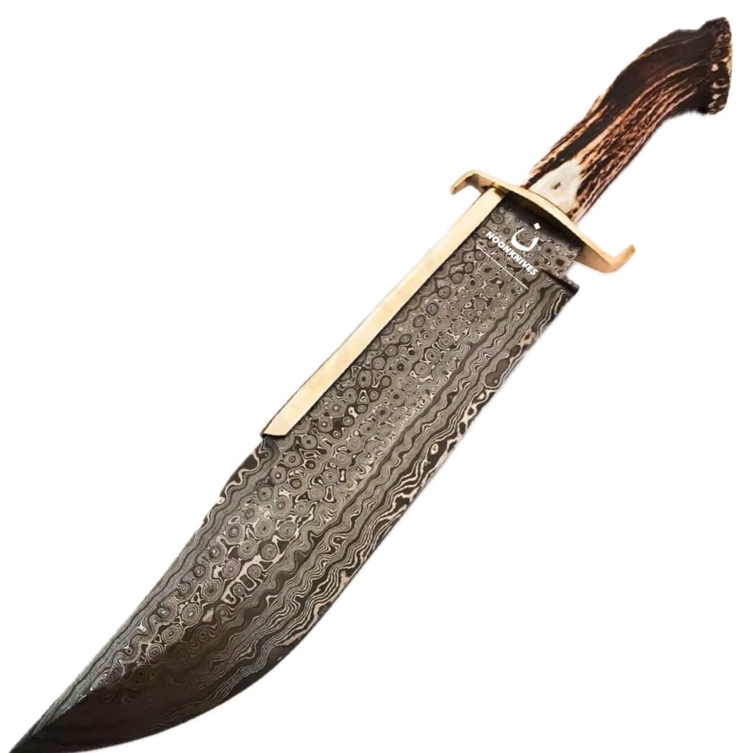 NoonKnives: 15.5" Hand Made Damascus Steel Collectible TEXAS Bowie Knife Handle Brass clip with stag horn