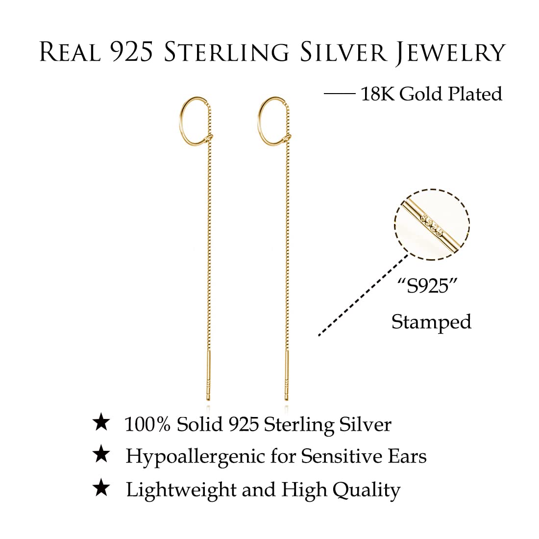 Reffeer Solid 925 Sterling Silver Dangle Chain Earrings Tassel Threader for Women Long Dangle Earrings Minimalist (B-18K Gold)