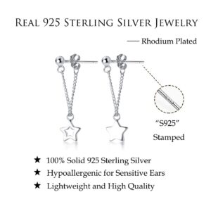 Reffeer Solid 925 Sterling Silver Star Chain Drop Earrings Dangle for Women Small Star Drop Earrings Studs (A-Silver)