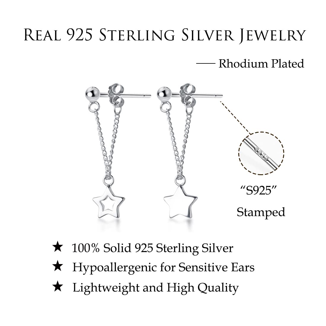 Reffeer Solid 925 Sterling Silver Star Chain Drop Earrings Dangle for Women Small Star Drop Earrings Studs (A-Silver)