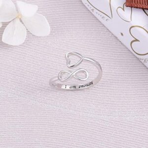 Jinlou 925 Sterling Silver Infinity Ring Inspirational Personalized Adjustable Rings Birthday Graduation Gift for Women Teen（I Am Enough）