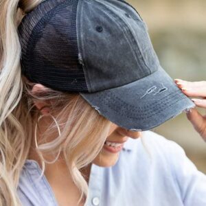 Eohak Distressed Ponytail Hats Baseball for Women Messy-Bun Pony Caps (Black+Grey)