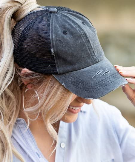 Eohak Distressed Ponytail Hats Baseball for Women Messy-Bun Pony Caps (Black+Grey)