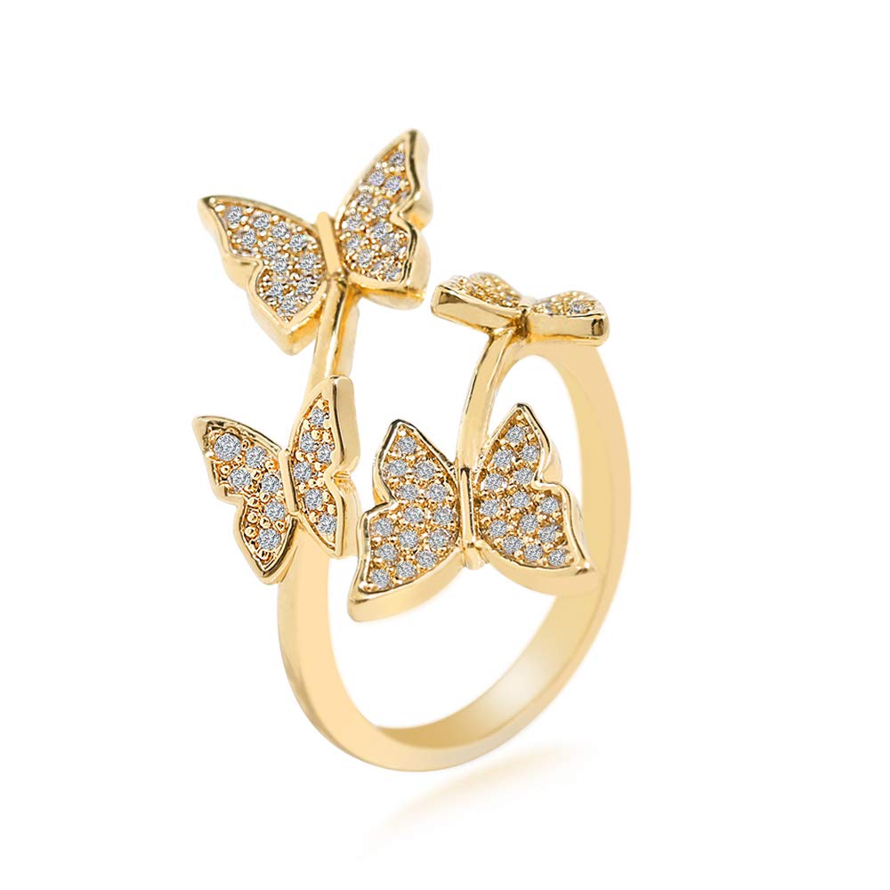 Aisza 18K Gold-Plated Butterfly Rings - Vintage Wrap Stacking Statement Rings with Finest Cubic Zirconia for Women Adjustable Open Rings (Butterfly Gold)