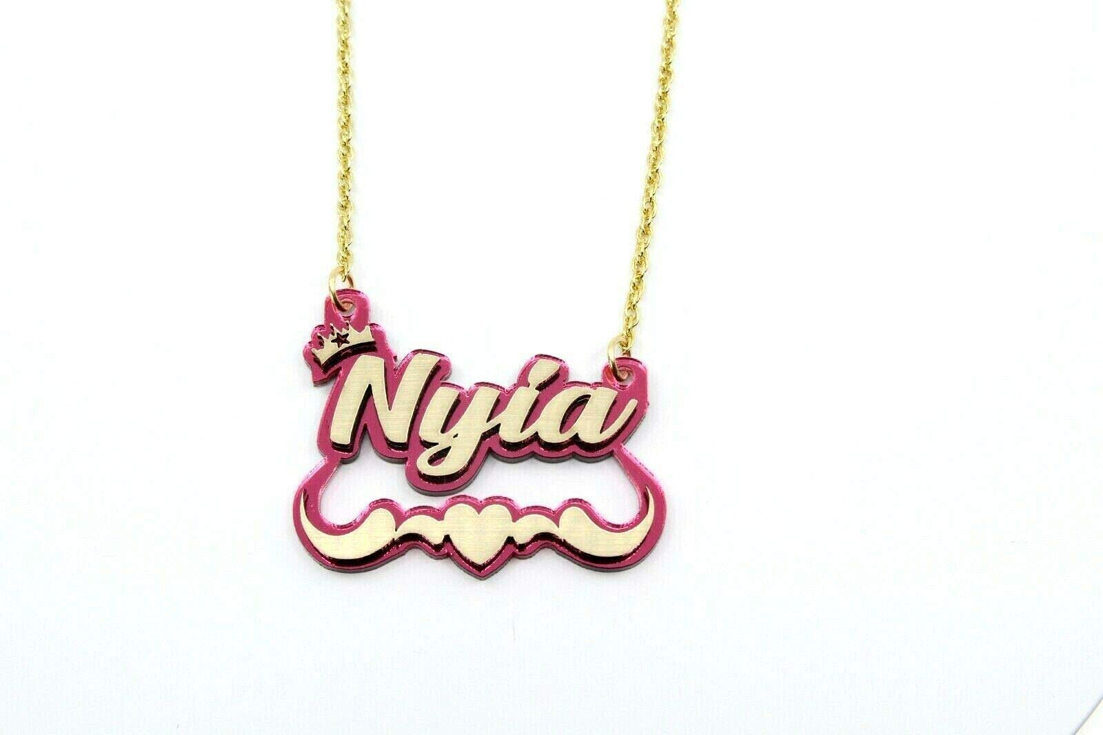 Name Necklace Plate Personalized Custom Nameplate and 2.5" Bamboo Gold Earrings With Swirls Heart and Crown on Top Jewelry Set Color Choice Laser Cut Gold Script Cursive Letters, Quality Gold Chain