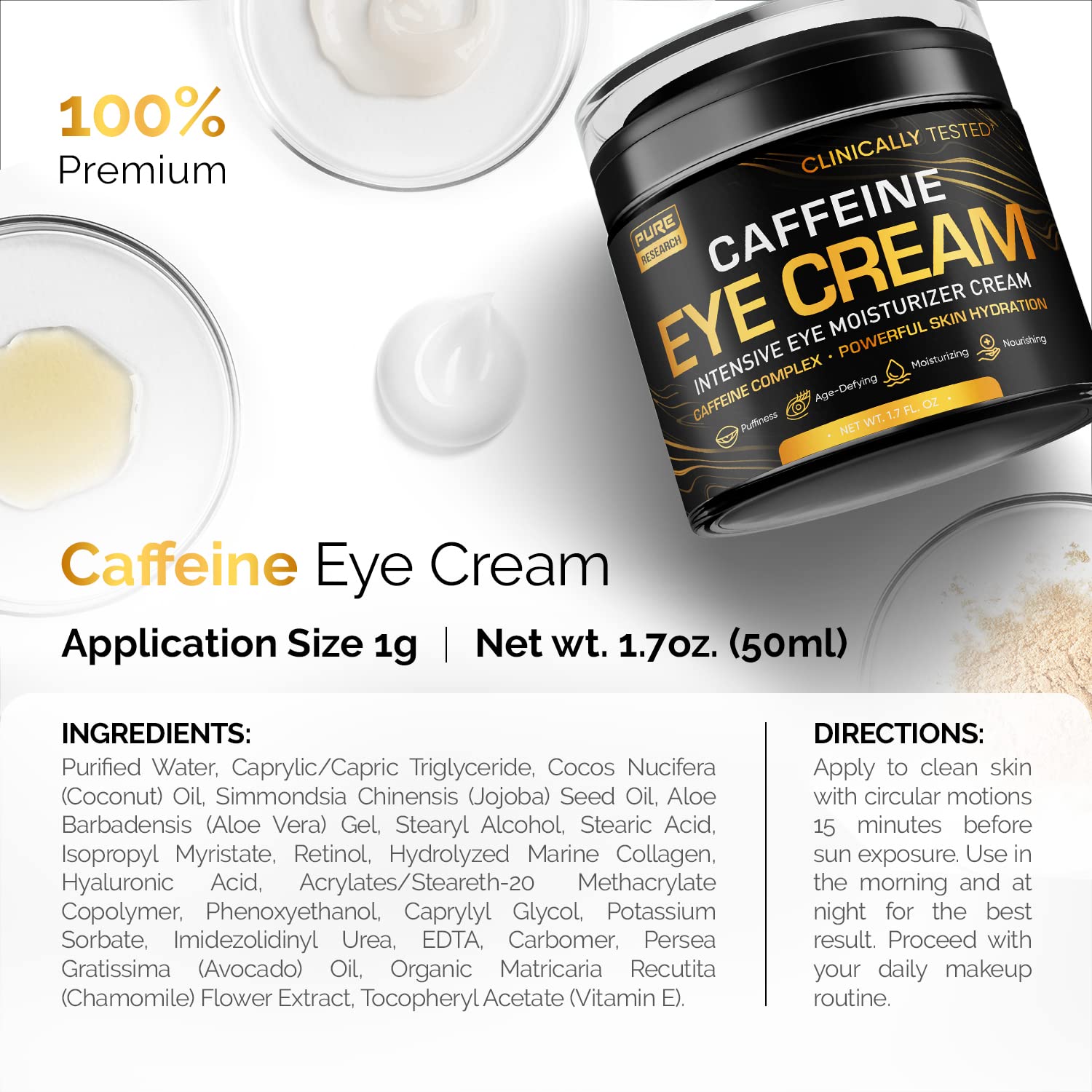 Caffeine Eye Cream For Anti Aging, Dark Circles, Bags, Puffiness. Great Under Eye Skin + Face Tightening, Eye Lift Treatment For Men & Women 1.7oz