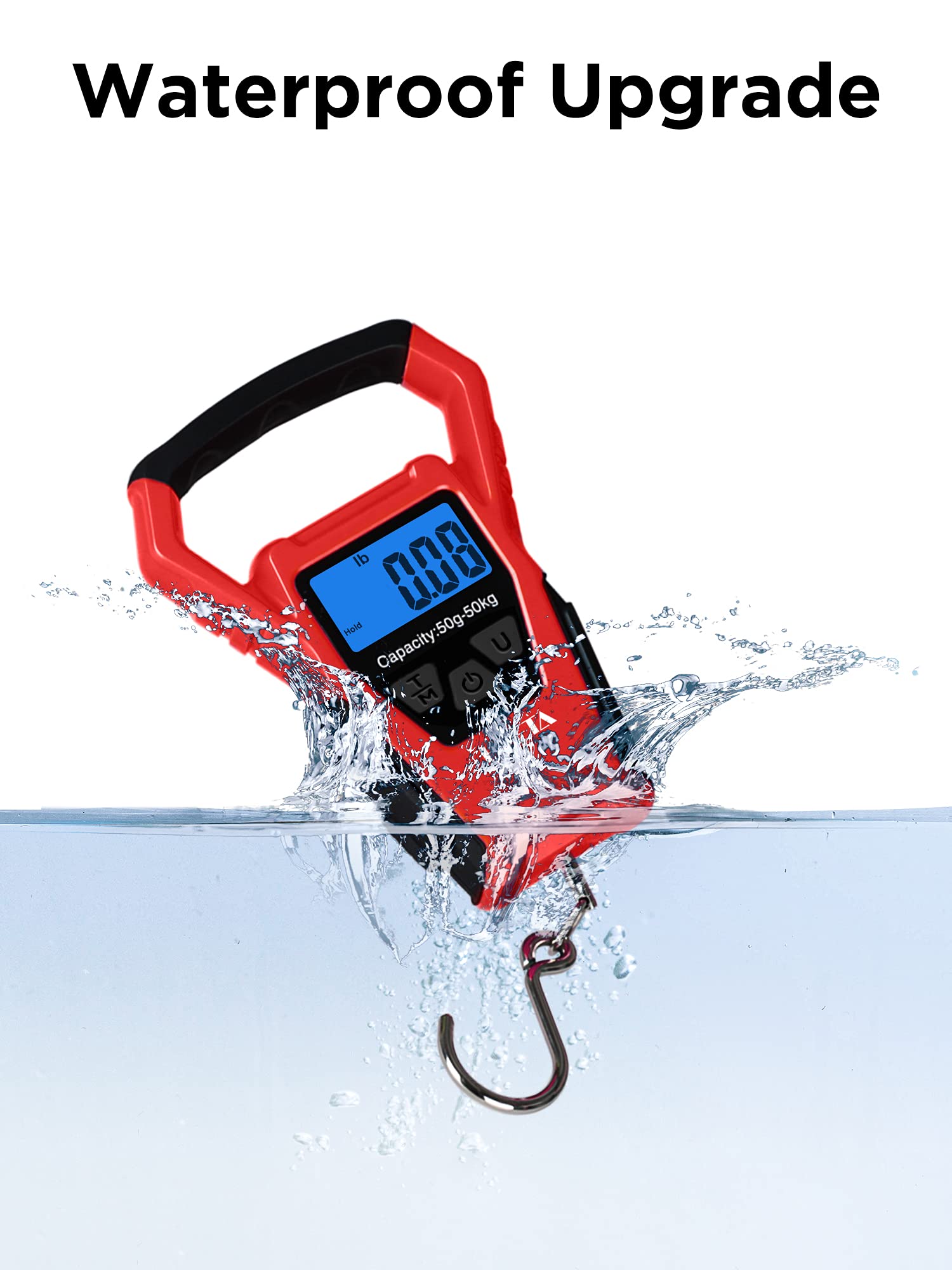 HEETA Waterproof Fish Scale Digital with Backlit LCD Display, 110lb/50kg Portable Hanging Scale Fishing Scale for Home and Outdoor, Measuring Tape and 2 AAA Batteries Included (Red)