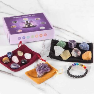 SmartYeen Healing Crystals Set,17PCS Crystal Healing Stones Kit include 7 Raw Chakra Stones,7 Tumbled Stones,Amethyst Crystal,Lava Bracelet and Selenite for Yoga, Meditation