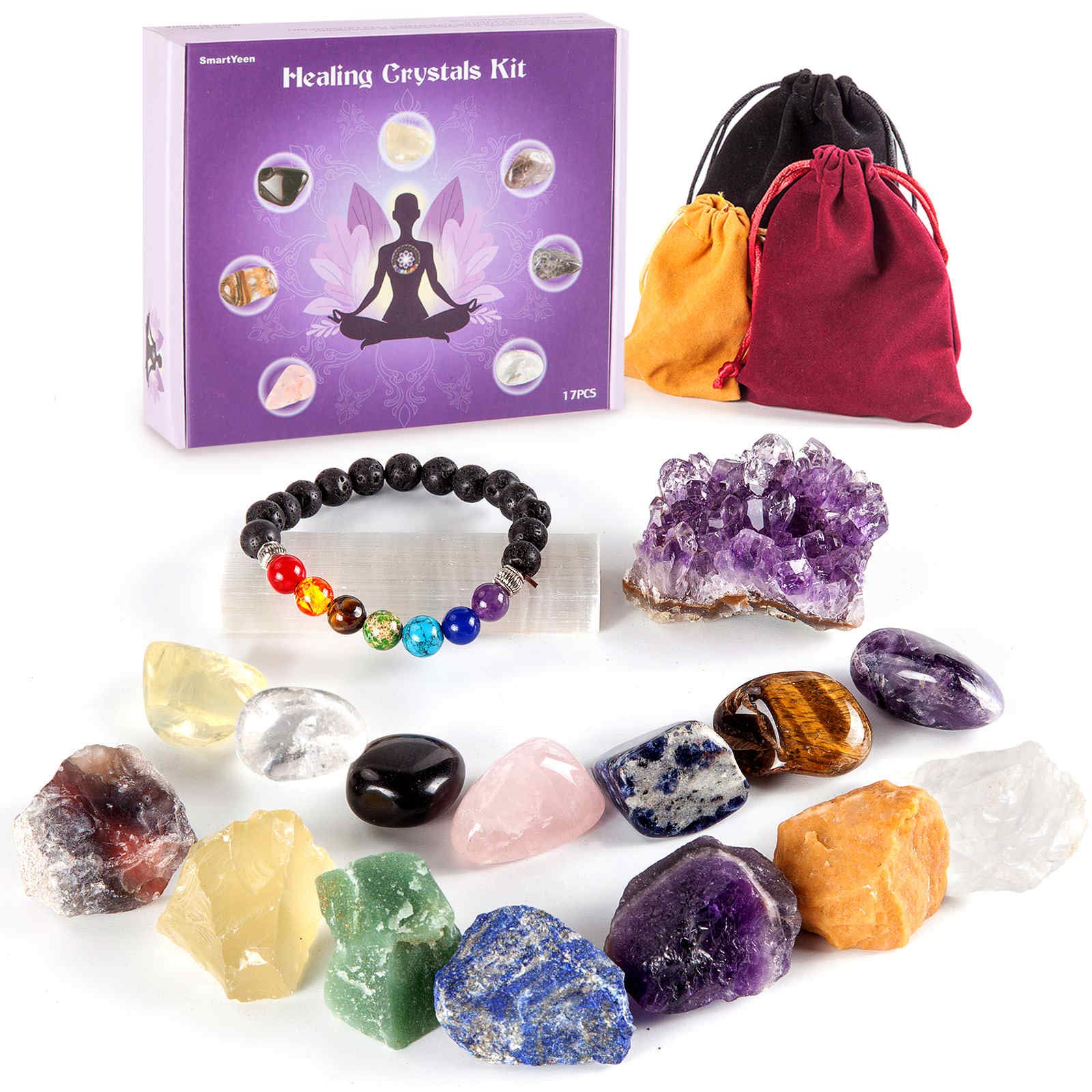 SmartYeen Healing Crystals Set,17PCS Crystal Healing Stones Kit include 7 Raw Chakra Stones,7 Tumbled Stones,Amethyst Crystal,Lava Bracelet and Selenite for Yoga, Meditation