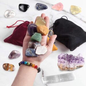 SmartYeen Healing Crystals Set,17PCS Crystal Healing Stones Kit include 7 Raw Chakra Stones,7 Tumbled Stones,Amethyst Crystal,Lava Bracelet and Selenite for Yoga, Meditation