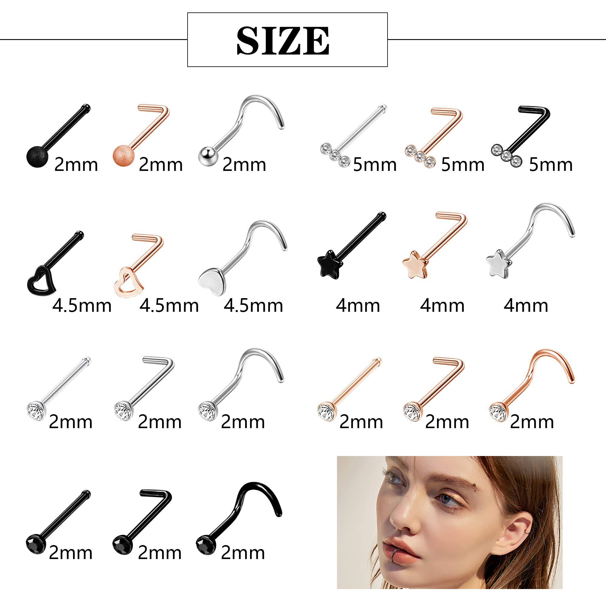 LOYALLOOK 18G 316L Stainless Steel C-Shaped Nose Rings Hoop for Women Men L-Shaped Nose Studs Screw CZ Nose Piercing Jewelry Set 45Pcs