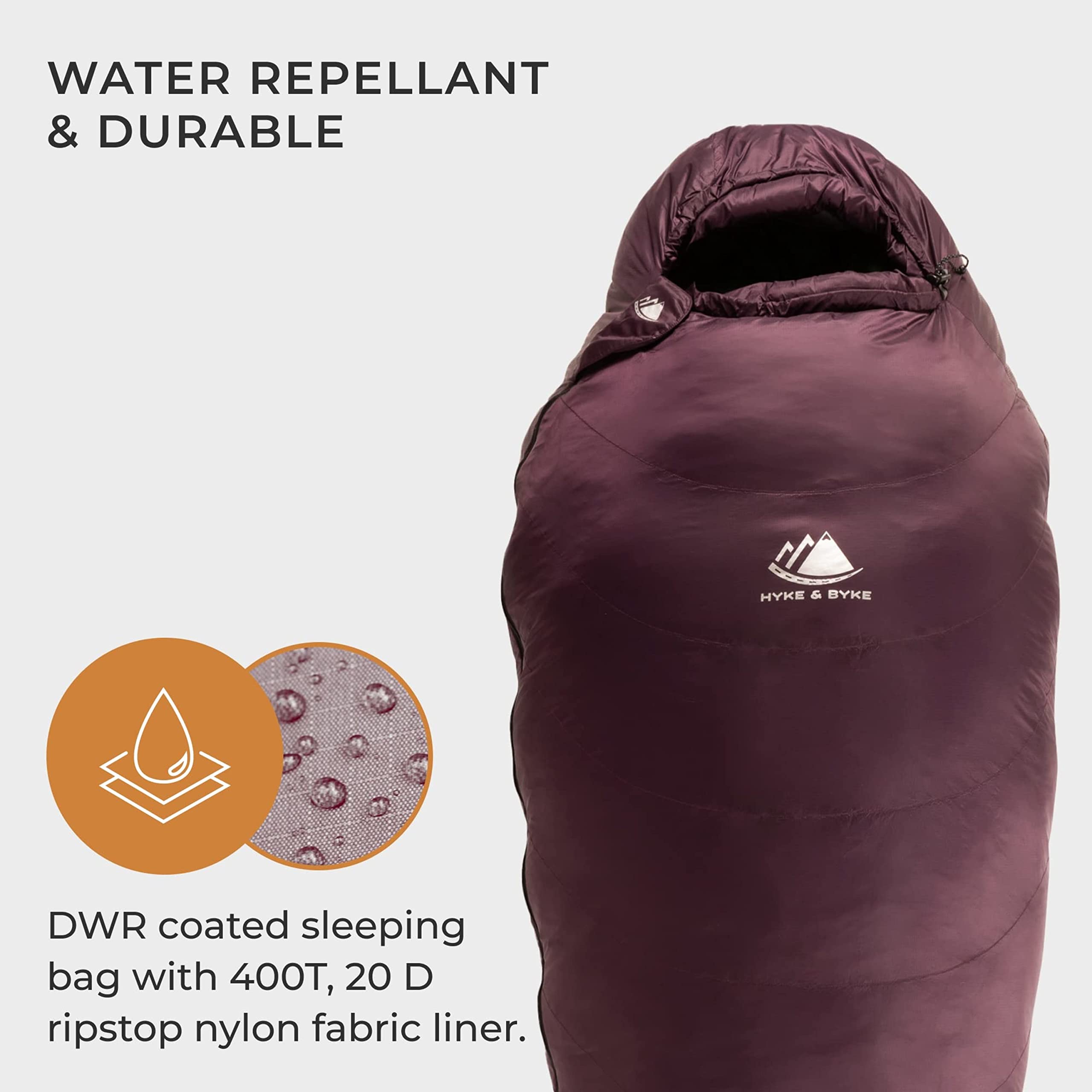 Hyke & Byke Katahdin 32 F Hiking & Backpacking Sleeping Bag - 4 Season, 625FP Ultralight Sleeping Bag - Water Resistant - Aubergine - Short