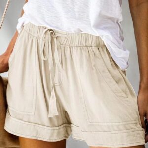 FEKOAFE Casual Drawstring Elastic Waist Summer Beach Shorts for Women Plus Size with Pockets Beige L