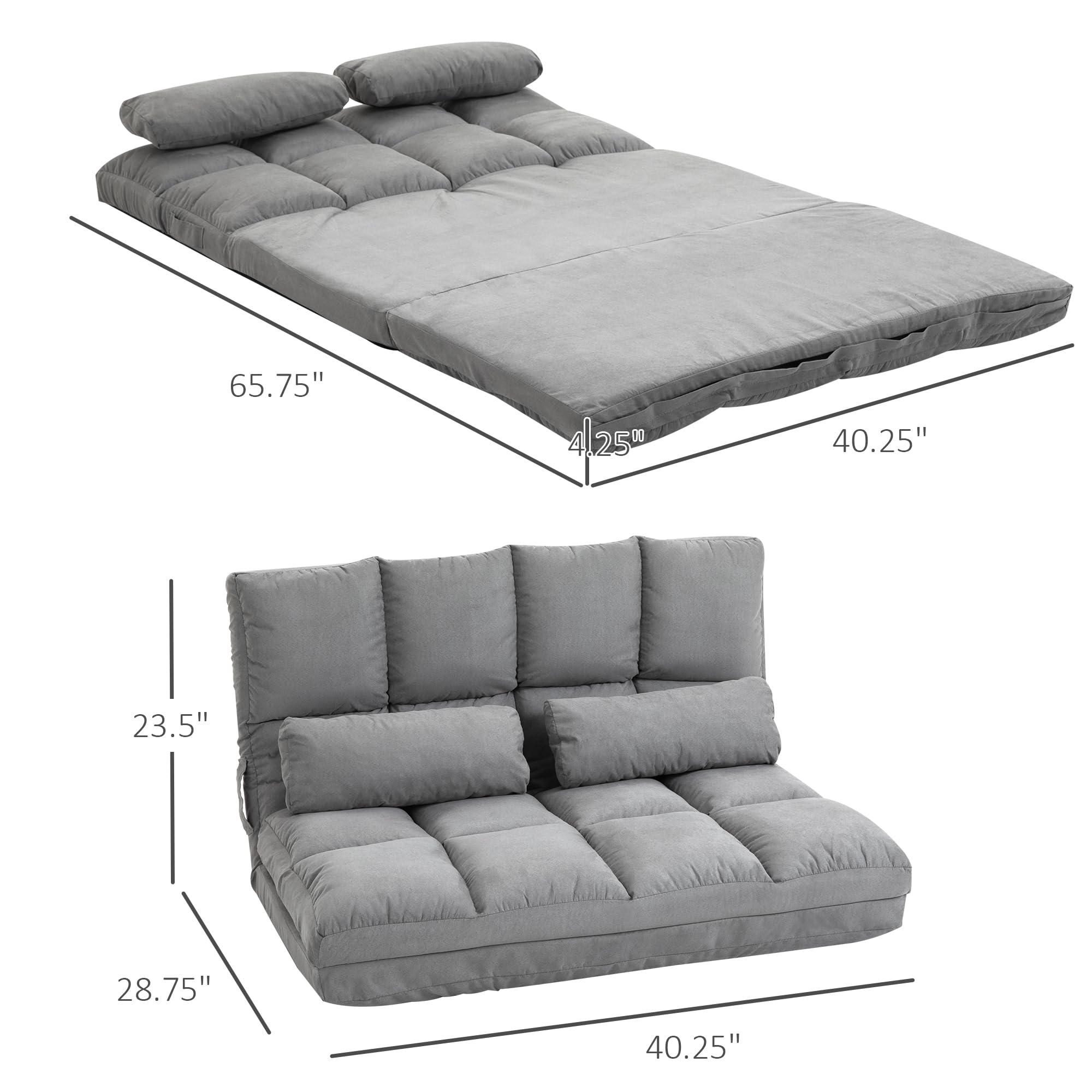 HOMCOM Convertible Floor Sofa Chair, Folding Couch Bed, Guest Chaise Lounge with 2 Pillows, Adjustable Backrest and Headrest, 40.25" L, Light Gray