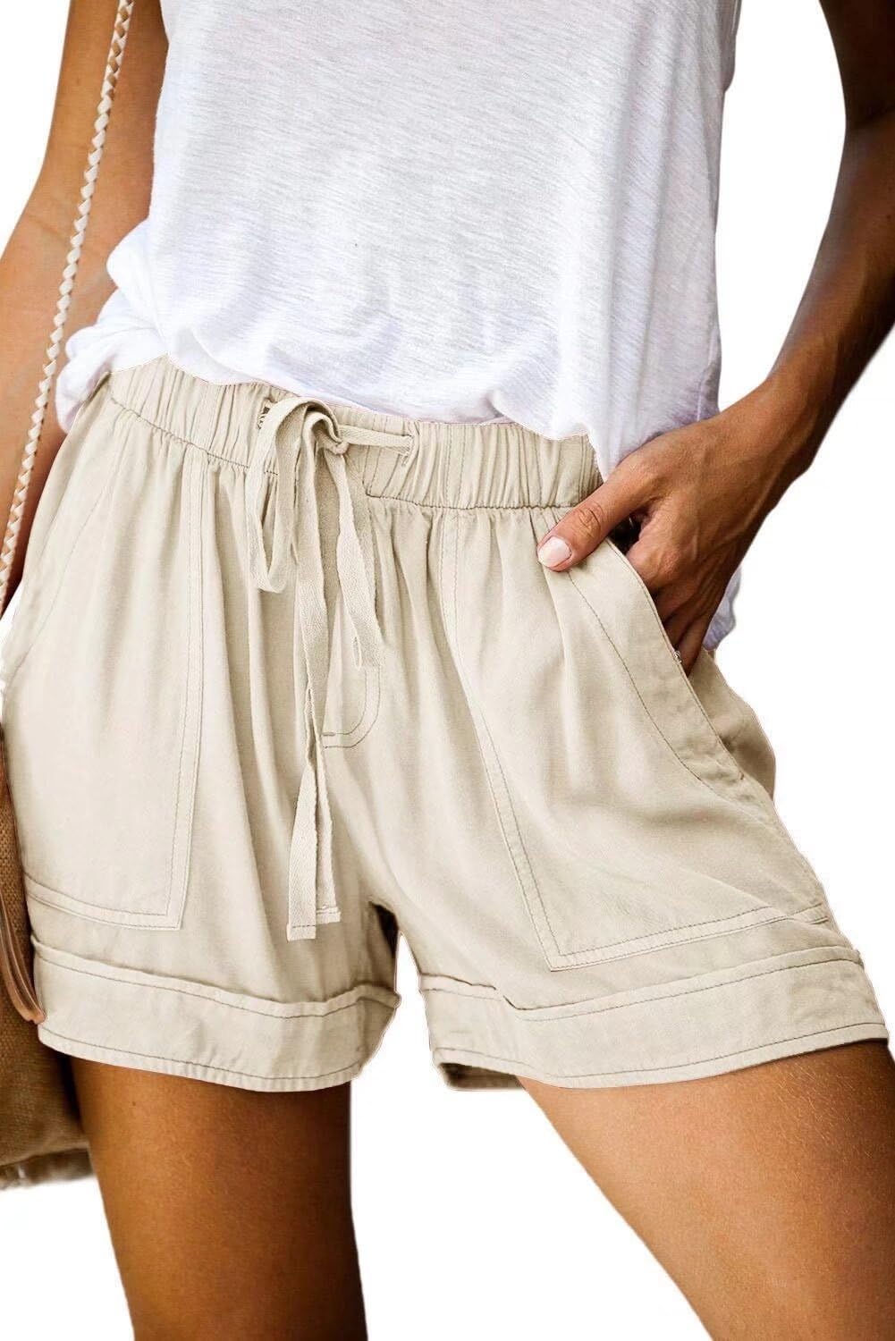 FEKOAFE Casual Drawstring Elastic Waist Summer Beach Shorts for Women Plus Size with Pockets Beige L