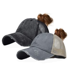 eohak distressed ponytail hats baseball for women messy-bun pony caps (black+grey)