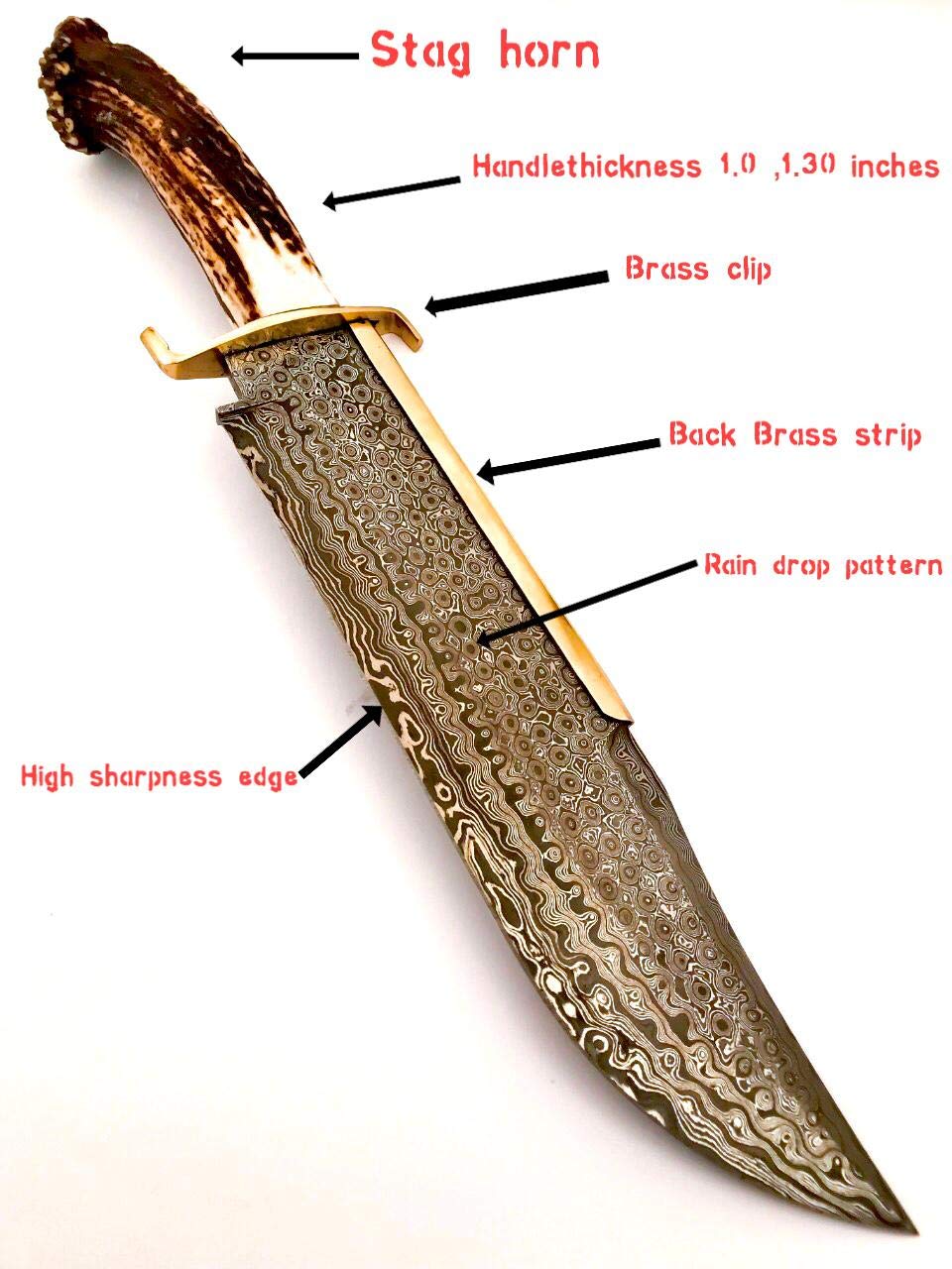 NoonKnives: 15.5" Hand Made Damascus Steel Collectible TEXAS Bowie Knife Handle Brass clip with stag horn