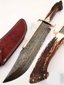 noonknives: 15.5" hand made damascus steel collectible texas bowie knife handle brass clip with stag horn