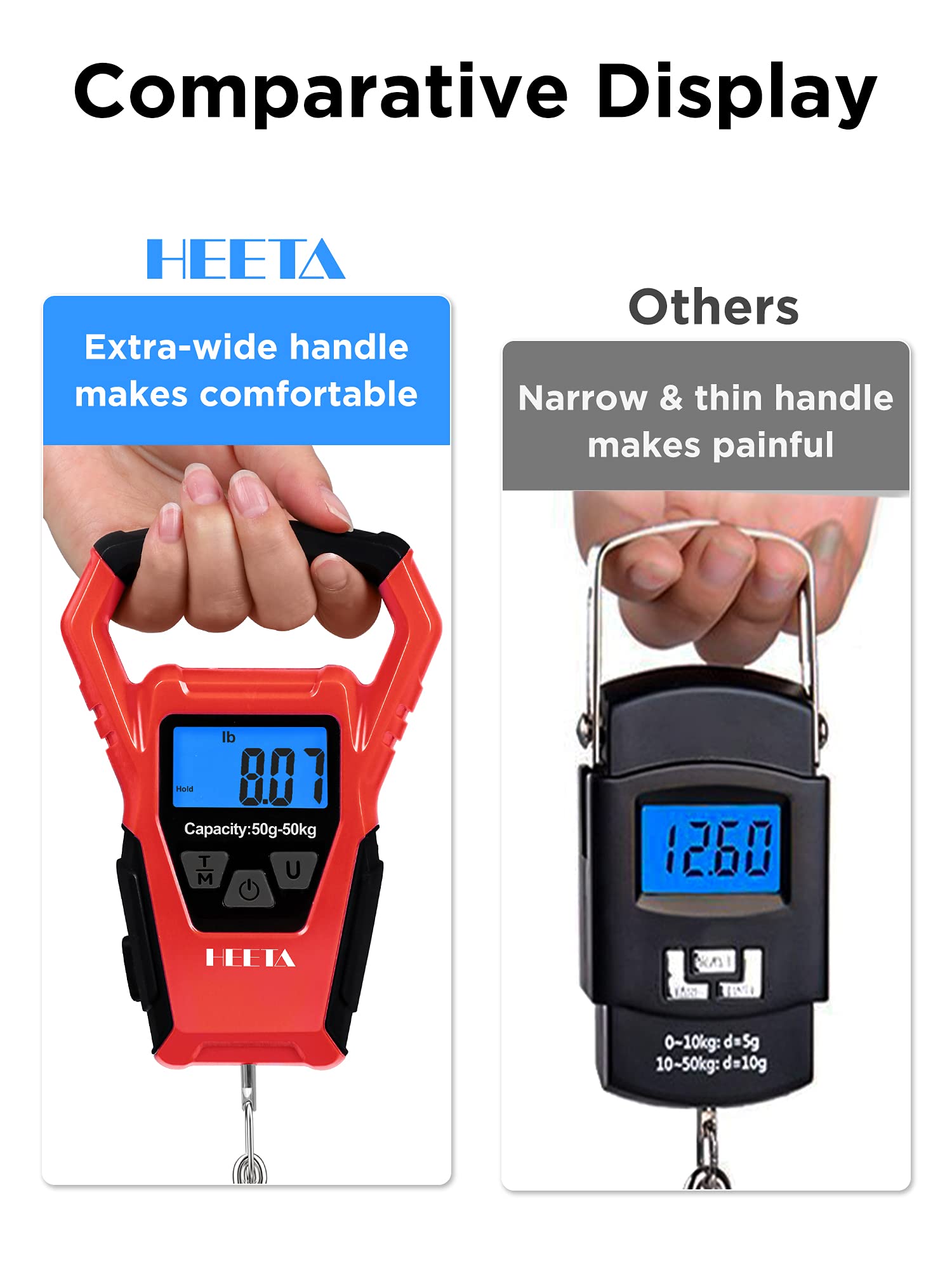 HEETA Waterproof Fish Scale Digital with Backlit LCD Display, 110lb/50kg Portable Hanging Scale Fishing Scale for Home and Outdoor, Measuring Tape and 2 AAA Batteries Included (Red)