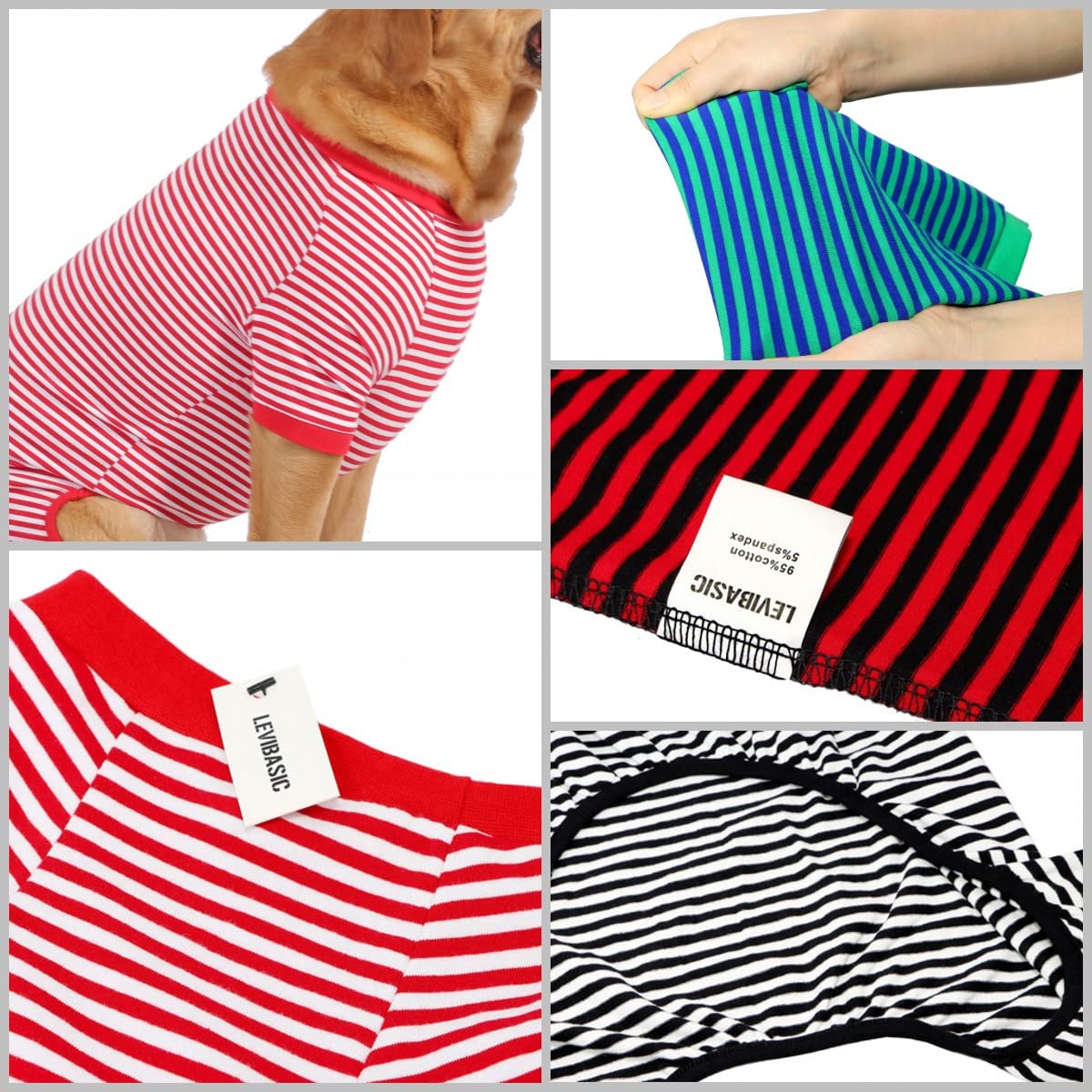 Dog Pajamas Cotton Striped Pup Jumpsuit, Breathable 4 Legs Basic Pjs Shirts for Puppy and Cat, Super Soft Stretchable Dog Jammies Boys Girls (Medium, White Red+Black)