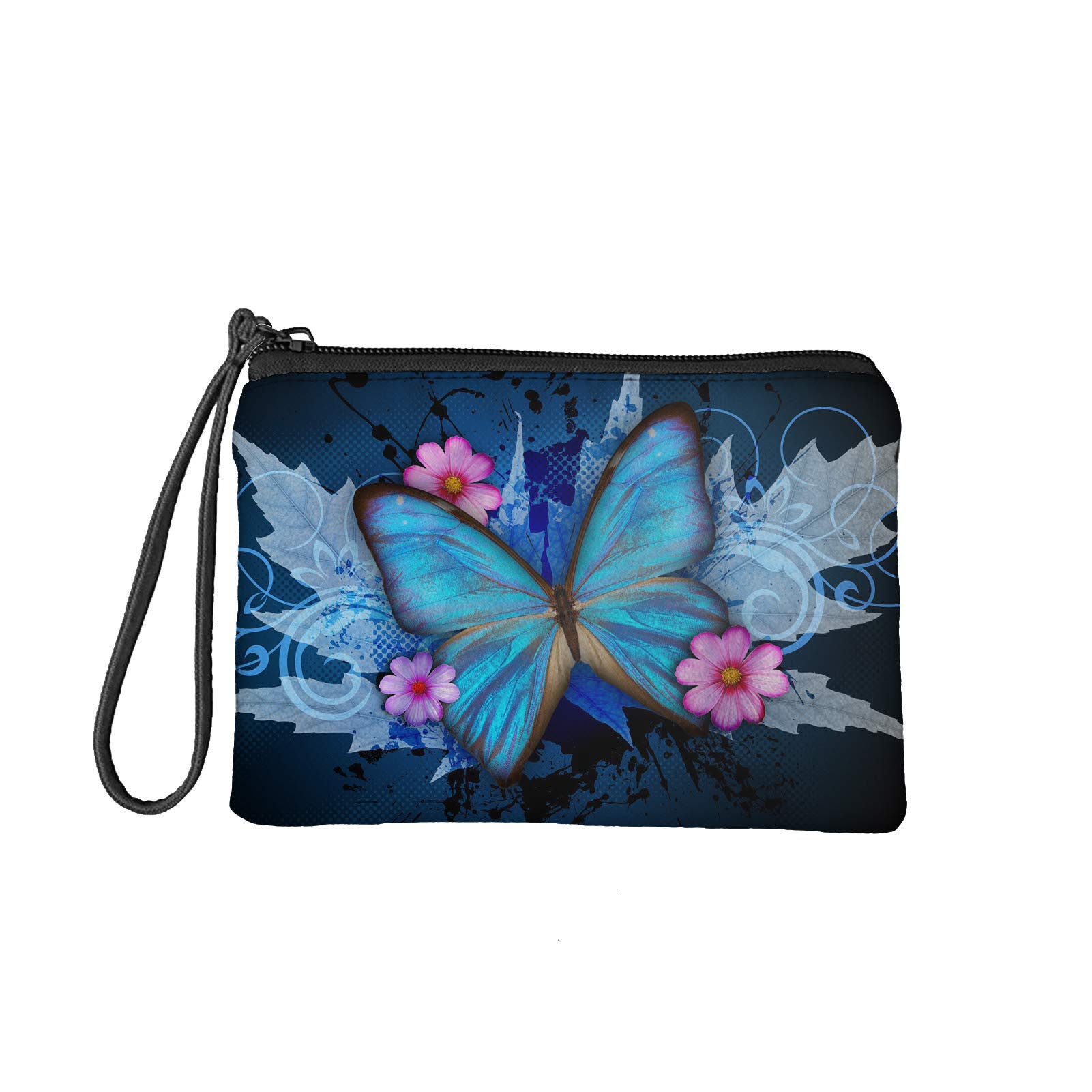 Babrukda Women Change Purse Coin Purse Vintage Blue Butterfly Maple Leaf Flower Wallet Bag with Wristlet Strap Zipper Change Pouch Small Toiletry Case 7" L x 5.5" W