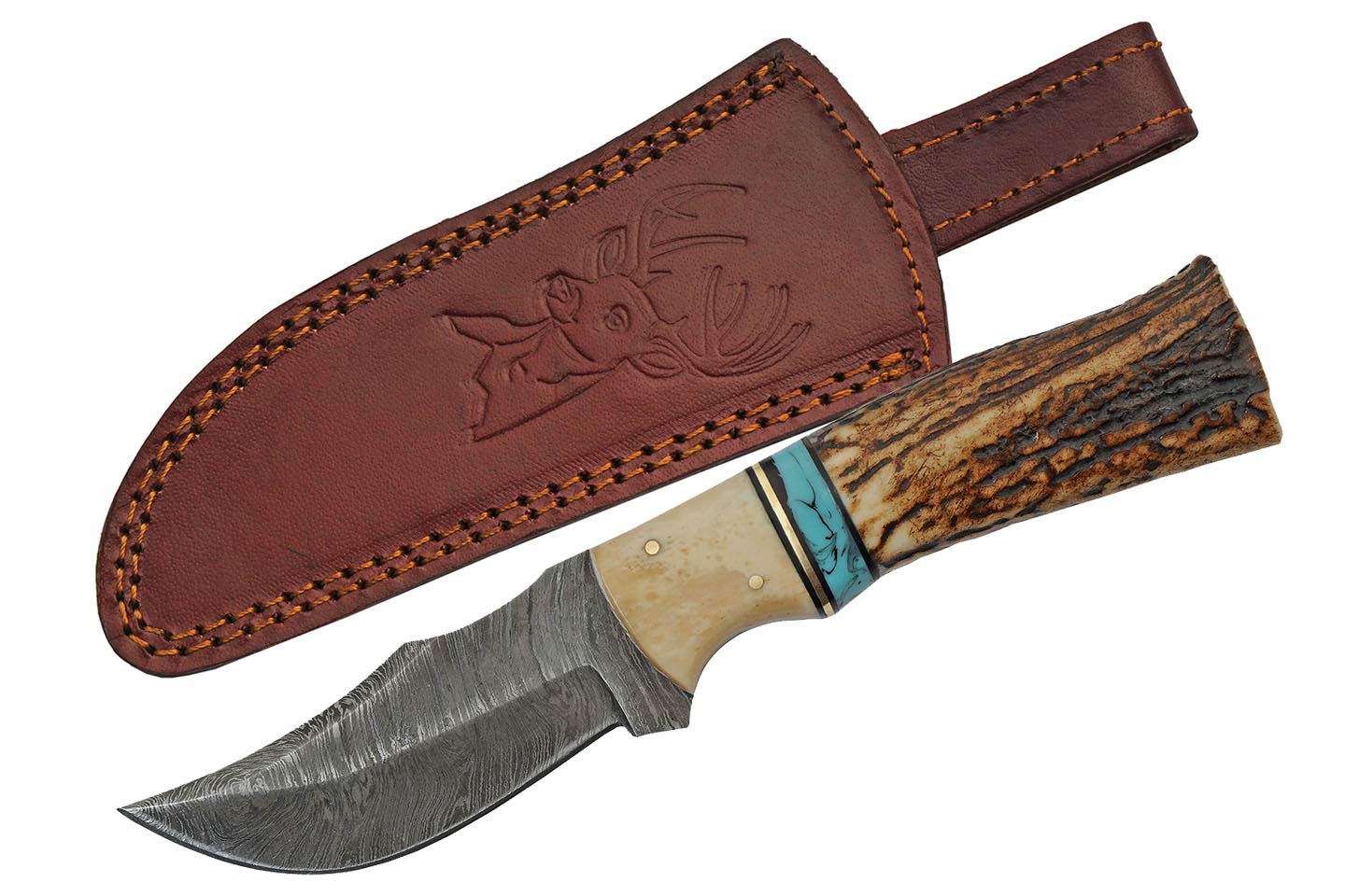 Szco Supplies 8.5” Stag Handle Damascus Steel Fixed-Blade Knife Outdoor Hunting Knife with Sheath