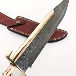 NoonKnives: 15.5" Hand Made Damascus Steel Collectible TEXAS Bowie Knife Handle Brass clip with stag horn