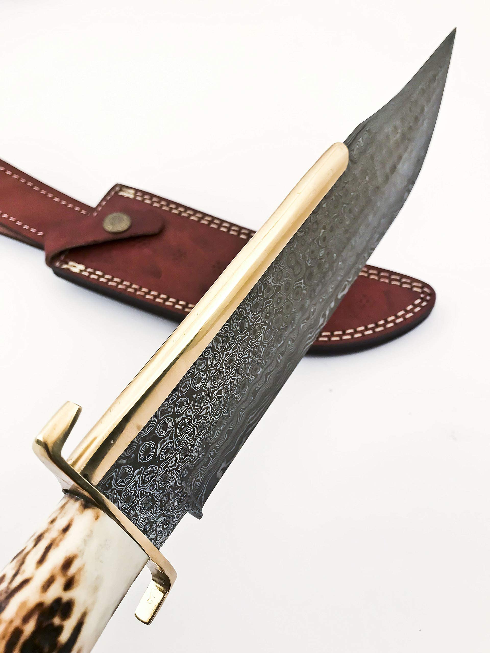 NoonKnives: 15.5" Hand Made Damascus Steel Collectible TEXAS Bowie Knife Handle Brass clip with stag horn