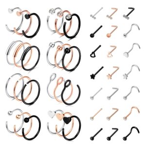 loyallook 18g 316l stainless steel c-shaped nose rings hoop for women men l-shaped nose studs screw cz nose piercing jewelry set 45pcs