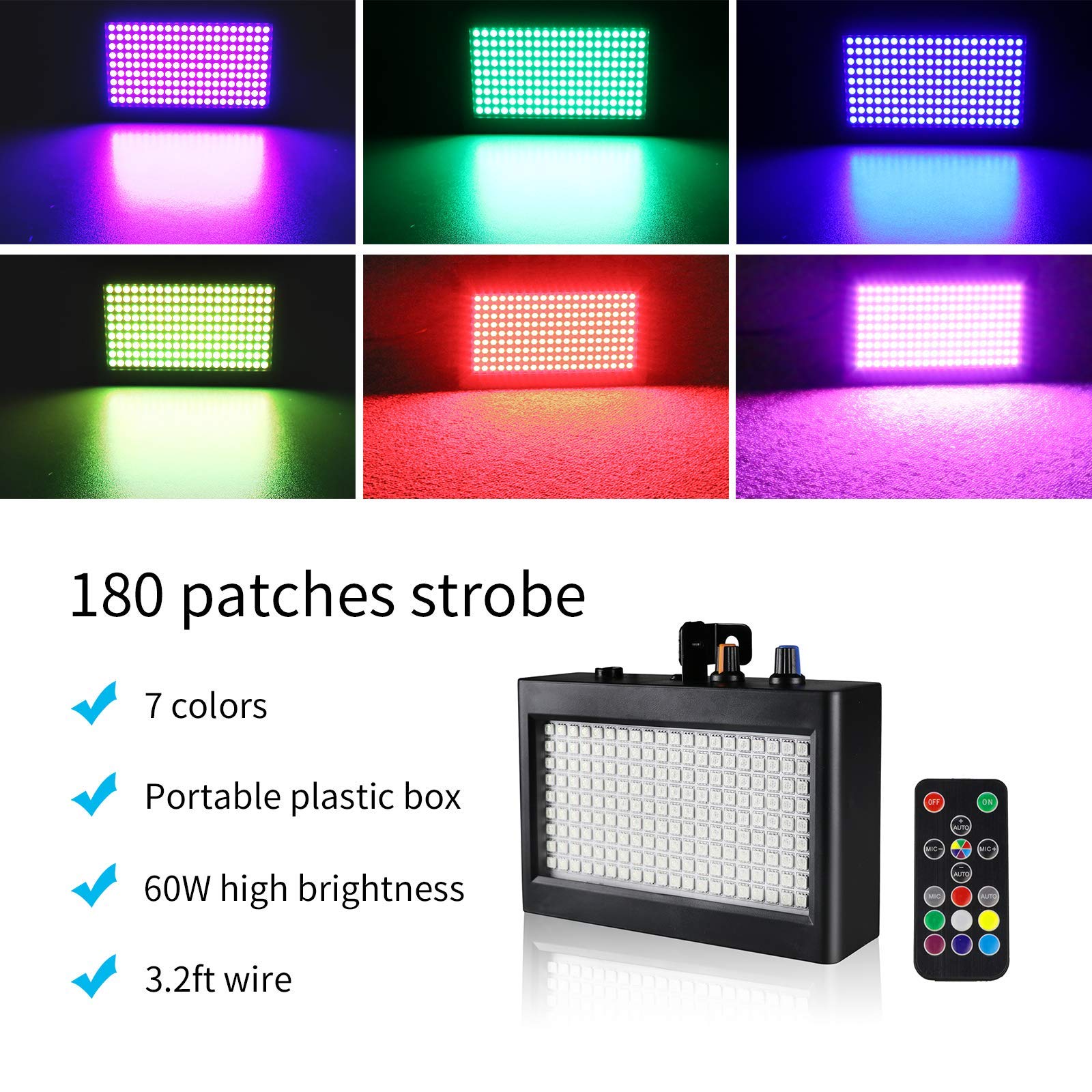 EcoStrobe Stage Strobe Light, Super Bright Flash Stage Lighting, Sound Activated and Speed Control RGB Strobe Light, Flash Party Lighting for Wedding, Xmas, Birthday, Club, DJ (180 LED)